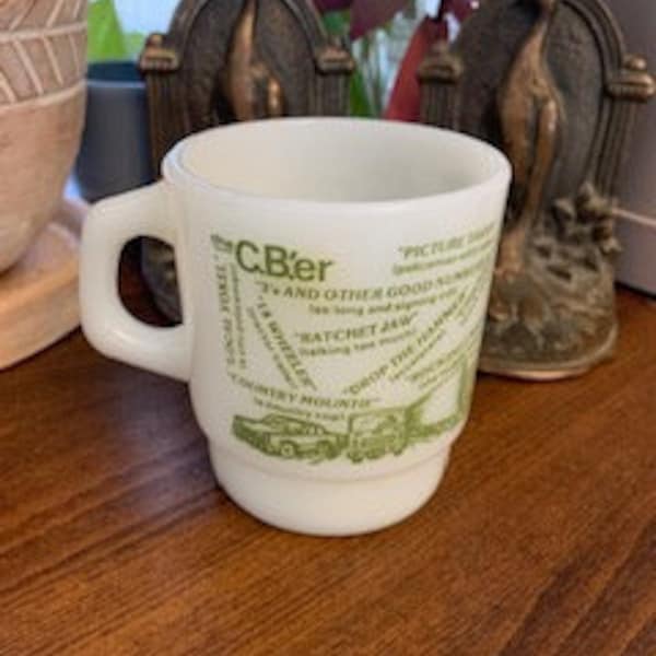 Vintage Anchor Hocking Fire Green CBer Pattern Milk Glass Mug - Single (1)