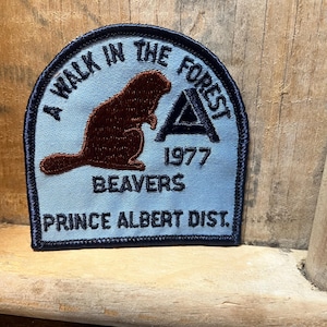 May include: A blue and black embroidered patch with a beaver, a tent, and the text "A Walk in the Forest 1977 Beavers Prince Albert Dist."