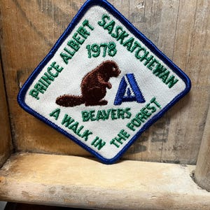 Peut inclure: Un écusson blanc avec une bordure bleue, représentant un castor brun, une tente verte et le texte "Prince Albert Saskatchewan 1978 Beavers A Walk in the Forest".