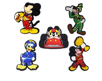 Disney Racing Team Croc Charms - Set of 5 | Mickey, Donald, Goofy | Race Car Theme Shoe Charms |