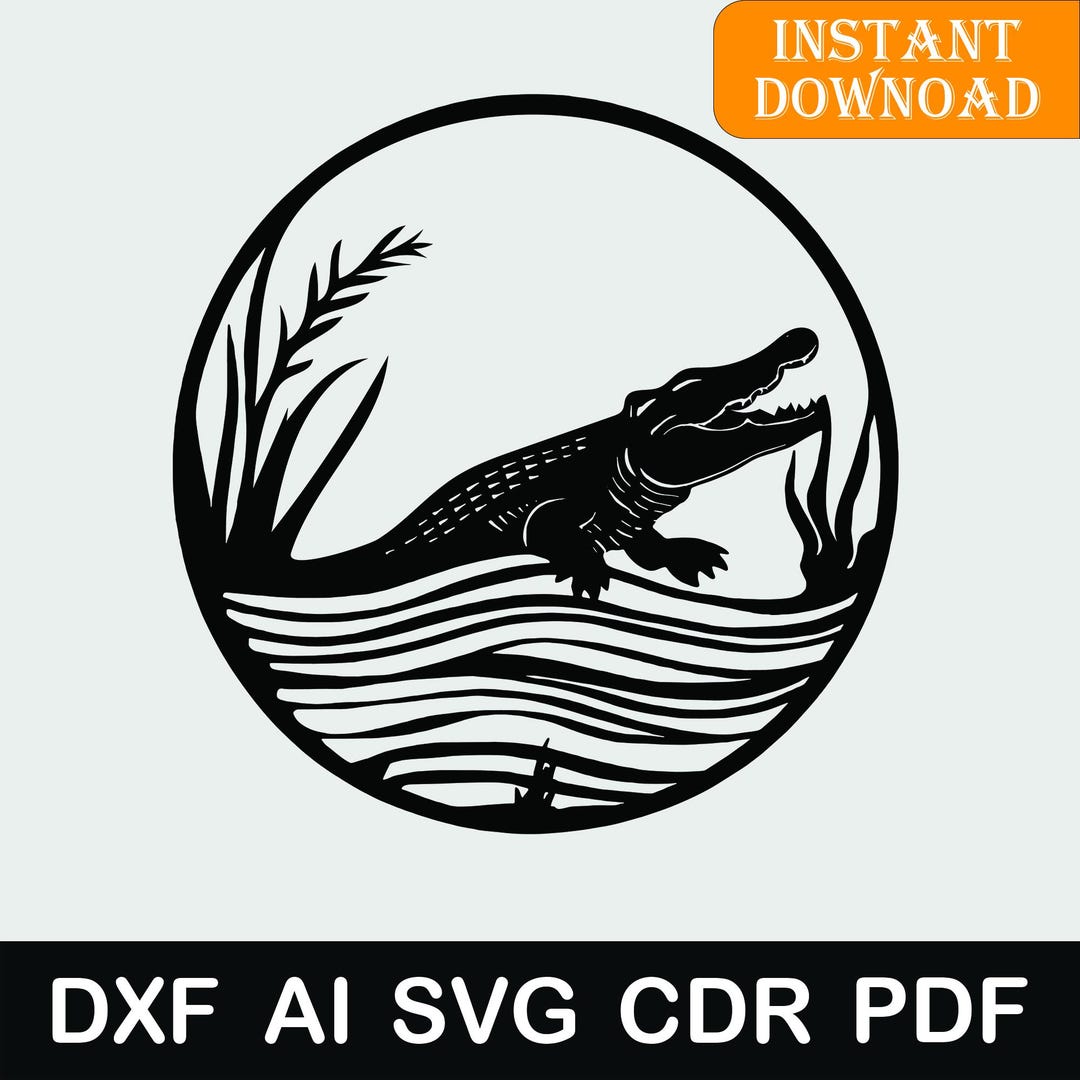 Minimalist Crocodile in Water Wall Art, Laser Cut Template, Circular ...