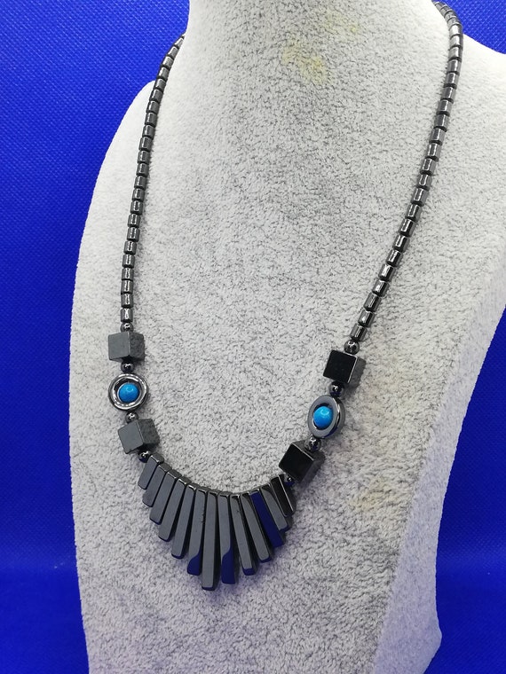 Vintage 1920s Art Deco Hematite and Turquoise Nec… - image 6