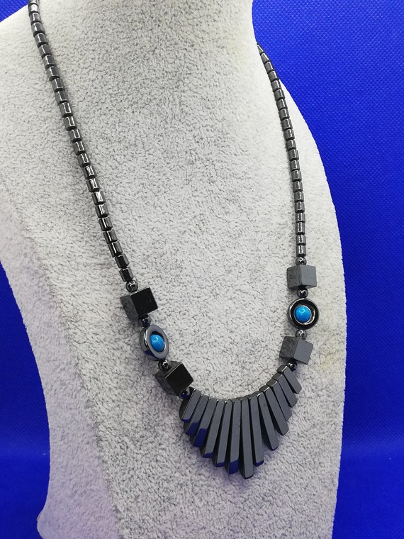 Vintage 1920s Art Deco Hematite and Turquoise Nec… - image 5