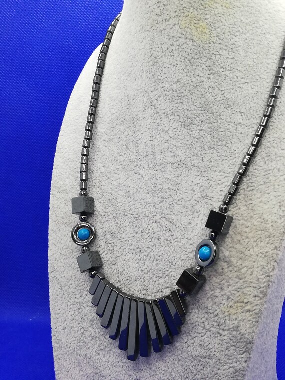 Vintage 1920s Art Deco Hematite and Turquoise Nec… - image 1