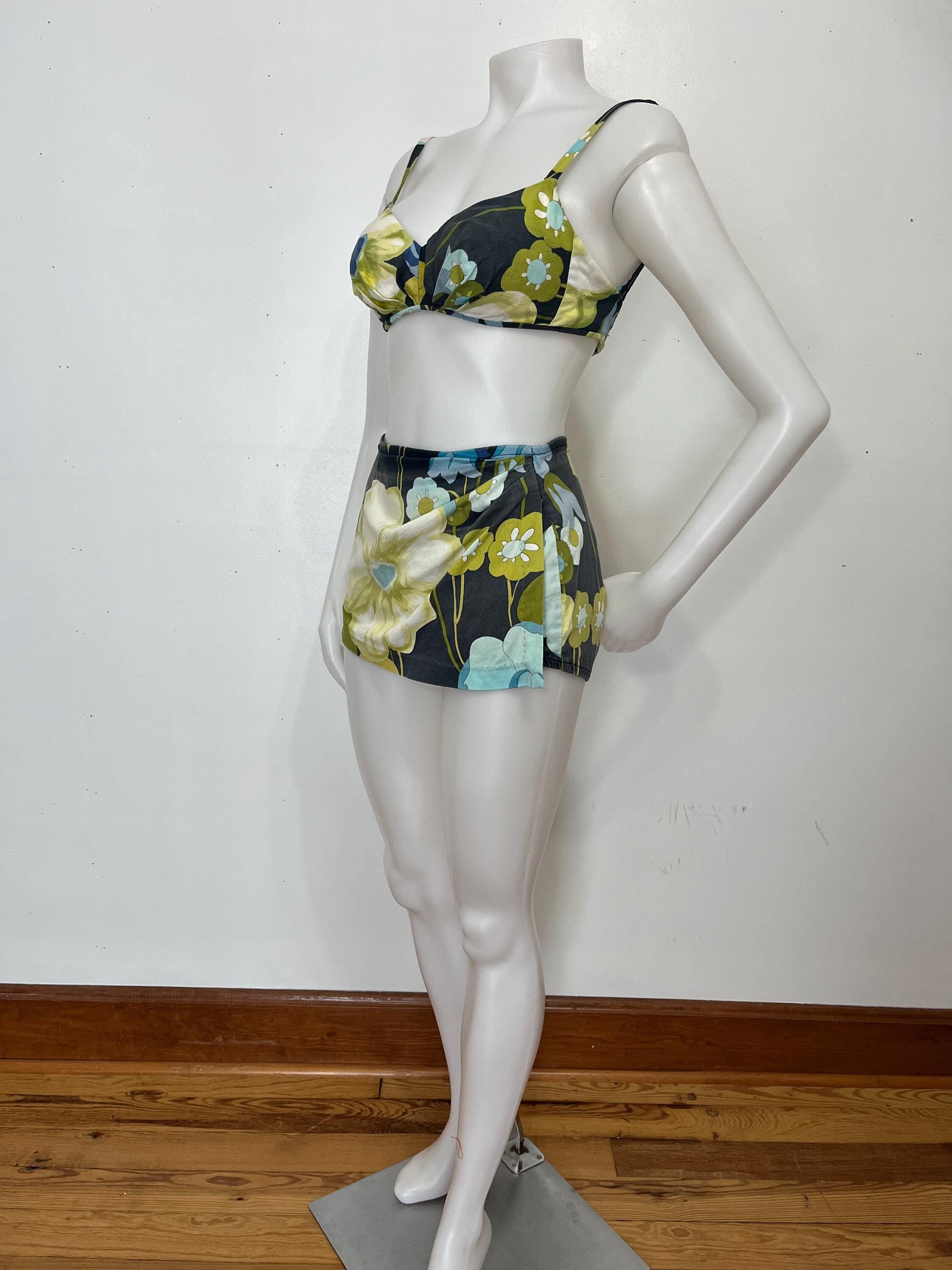 DeWeese Design 1950's High Waisted Tropical/Tiki Print Floral 2 Piece Swimsuit with Front Skirt Flap
