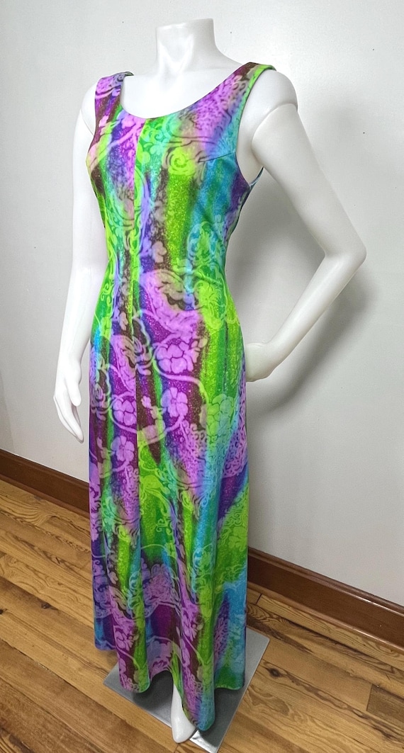 1970s Boho Burnout Floral Hawaiian Tropical Tiki Maxi Dress in Mardi Gras  Colors