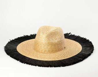 Fedora Large Rim Straw Hat with Black Raffia Rim