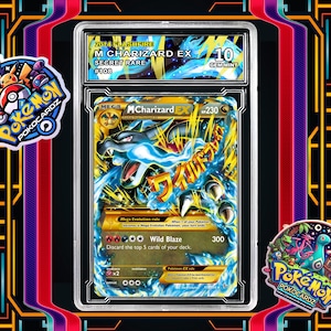 May include: A graded Pokémon card featuring Mega Charizard EX. The card is encased in a protective holder and has a blue and gold color scheme. The card is labeled as a Secret Rare, #108, and graded as Gem Mint 10.