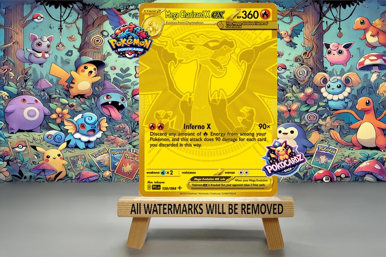 May include: A gold-colored Mega Charizard X EX Pok&eacute;mon card, displayed on a small wooden easel. The card features a Charizard illustration and the text "Inferno X". The background is a colorful illustration of various Pok&eacute;mon characters.