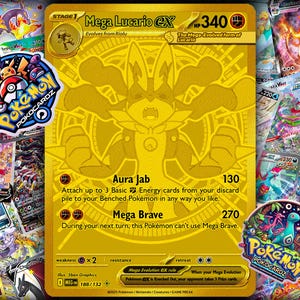 Op de afbeelding: Een goudkleurige Mega Lucario EX Pokémon-kaart met een gedetailleerde illustratie van het personage. De kaart bevat de tekst "Mega Lucario EX" en "Aura Jab". Rondom de kaart liggen andere Pokémon-kaarten en stickers.