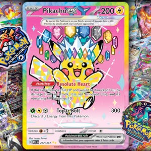 May include: A Pikachu ex Pokémon trading card with a pink background. The card features a yellow Pikachu character with a gem-like crown. The card has the text "Pikachu ex" and "Resolute Heart". Other Pokémon cards and stickers are in the background.