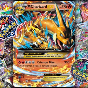 May include: A vibrant image featuring a Mega MCharizard EX Pokemon card, with a HP of 220, surrounded by other Pokemon cards and stickers. The card has a fiery orange and blue design with Japanese text. The card's attack is Crimson Dive, dealing 300 damage.