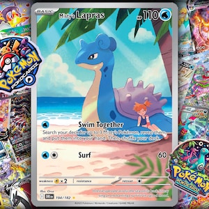May include: A Pokémon trading card featuring Misty's Lapras, a blue and light purple creature, on a beach scene. The card includes the text "Swim Together" and "Surf". The card is surrounded by other Pokémon cards and stickers.