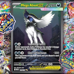 May include: A Mega Absol EX Pokémon trading card with a white and gray creature illustration. The card features the text "Terminal Period" and "Claw of Darkness". The card is surrounded by other Pokémon cards and two Pokémon Pokocardz stickers.