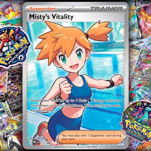 May include: A Misty's Vitality Supporter Trainer trading card featuring an illustration of a character with orange hair in a blue athletic outfit standing by a pool. The card text includes game instructions and the card number 111/084.