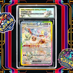 May include: A Pokemon trading card featuring Eevee EX, a special illustration rare card from the 2024 Prismatic Evolutions set. The card is graded Gem Mint 10 and features a colourful illustration of Eevee with rainbow-coloured fur.