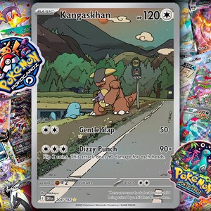May include: A Pokemon trading card featuring Kangaskhan with 120 HP. The card's illustration depicts Kangaskhan on a road with a Quagsire. The card has the text "Gentle Slap" and "Dizzy Punch". Surrounding the card are other Pokemon cards and two Pokemon Pokocardz stickers.