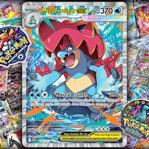 Op de afbeelding: Een Pokémon-kaart van Mega Feraligatr EX met een blauw en rood ontwerp, met het personage in een dynamische pose. De kaart heeft 370 HP en de aanval "Mortal Crunch". Andere Pokémon-kaarten en logo's zijn op de achtergrond.