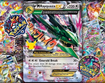 May include: A Pokemon trading card featuring M Rayquaza EX with a green and white dragon illustration. The card has the text "Emerald Break" and a damage value of 30x. Surrounding the card are other Pokemon cards and stickers.