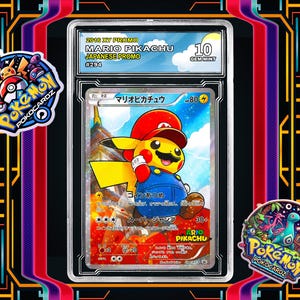 Mario Pikachu - XY Promo #294 Cartão Proxy + Placa de Classificação + Etiqueta Personalizada (Holográfico Completo)