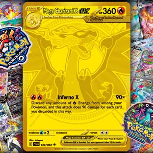 May include: A gold Mega Charizard EX Pokemon card with a Charizard illustration, surrounded by other Pokemon cards and stickers. The card features the text "Inferno X" and "360 HP".