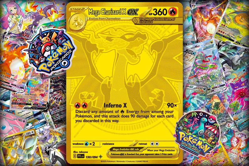 May include: A gold Mega Charizard EX Pokemon card with a Charizard illustration, surrounded by other Pokemon cards and stickers. The card features the text "Inferno X" and "360 HP".