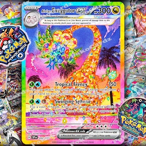 以下が含まれることがあります： 虹色の背景を持つホログラフィックなアローラのナッシーEXポケモンカード。カードには、トロピカルなテーマのアローラのナッシーの大きなカラフルなイラストが描かれています。カードのテキストには「トロピカルフレンジー」と「スイングスフィーン」と書かれています。