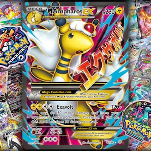 May include: A Mega Ampharos EX Pokémon card with a yellow and white creature design, surrounded by other Pokémon cards. The card features the text "Exavolt" and "Mega Evolution rule". The card has a pink and blue background.