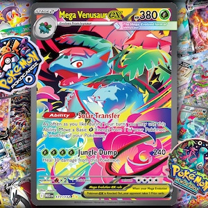 May include: A colorful Mega Venusaur EX Pokémon card with a 380 HP rating. The card features a vibrant illustration of the evolved form of Venusaur, with the text "Solar Transfer" and "Jungle Dump". The card is surrounded by other Pokémon cards and stickers.