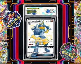Lucario-GX · Forbidden Light (FLI) #SV64 Proxy Card + Grading Slab + Custom Label-(Completamente olografica)