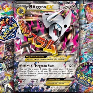May include: A collage of colorful Pokémon trading cards, including a large "Mega Aggron EX" card with Japanese text and a white and black illustration. The cards feature various Pokémon characters and logos.