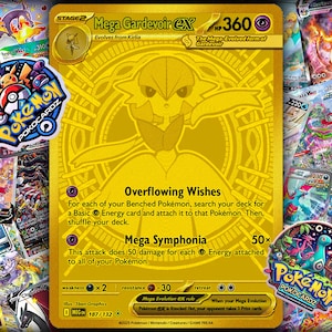 Könnte beinhalten: Eine goldene Mega Gardevoir EX Pokémon-Karte mit dem Text "Overflowing Wishes" und "Mega Symphonia". Die Karte ist von anderen Pokémon-Karten und Aufklebern umgeben.