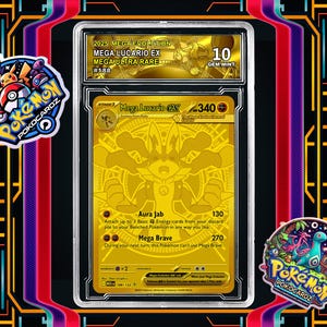 May include: A gold-colored Mega Lucario EX Pokemon card, graded as Gem Mint 10, encased in a protective holder. The card features the text "2025 MEGA EVOLUTION MEGA LUCARIO EX MEGA ULTRA RARE #188". The card has a 340 attack power.