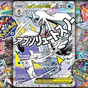 May include: A Mega Froslass EX Pokémon card with a white and silver design, featuring Japanese text and the words "Resentful Refrain" and "Absolute Snow." The card is surrounded by other Pokémon cards and two "Pokocardz" stickers.