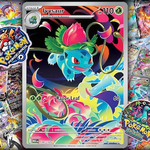 May include: A Pokemon trading card featuring Ivysaur, a blue and green creature with a large red flower on its back. The card has the text "Razor Leaf" and "110 HP". The card is surrounded by other Pokemon cards and two "Pokemon Pokocardz" stickers.