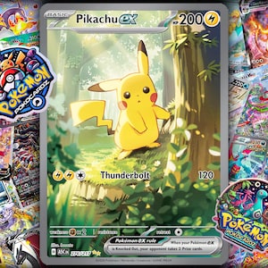 Puede incluir: Una carta coleccionable Pokémon Pikachu EX con un personaje Pikachu amarillo en un entorno forestal. La carta presenta el texto "Thunderbolt" y "200". Alrededor de la carta hay otras cartas Pokémon y dos pegatinas "Pokemon Pokocardz".