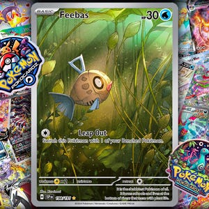 Puede incluir: Una carta de comercio de Pokemon con Feebas, un Pokemon básico de tipo agua con un cuerpo marrón y azul. La carta tiene un fondo verde con una escena de estanque y el texto "Leap Out: Cambia este Pokemon con 1 de tus Pokemon de banca."
