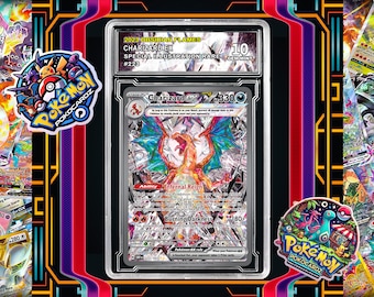 May include: A graded Charizard EX Pokémon card, featuring a fiery dragon design with blue wings, encased in a protective case. The card is labeled "2023 Obsidian Flames" and "Special Illustration Rare". The grade is "10 Gem Mint".