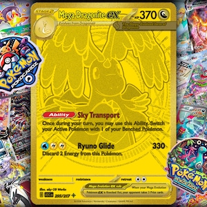 May include: A gold Mega Dragonite EX Pokémon card with a detailed illustration of the character. The card features the text "Mega Dragonite EX" and "Sky Transport" ability. Other Pokémon cards and stickers surround the main card.