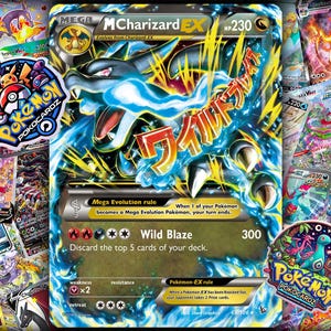 May include: A vibrant image featuring a Mega MCharizard EX Pokémon card, with a blue and yellow design. The card displays the text "Wild Blaze" and "300". Surrounding the card are other Pokémon cards and stickers, creating a colorful collage.