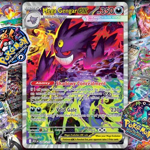 May include: A Mega Gengar EX Pokémon card with a purple and red color scheme. The card features a large illustration of Gengar, with the text "Mega Gengar EX" and "Shadowy Concealment". The card is surrounded by other Pokémon cards and stickers.