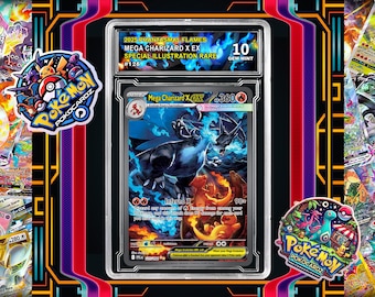 May include: A graded Pokémon card featuring Mega Charizard X EX. The card is encased in a protective holder and is graded a 10 Gem Mint. The card's artwork depicts a blue and orange Charizard in a fiery scene, with the text "2025 Phantasmal Flames" visible.