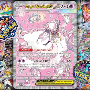 Puede incluir: Una carta Pokémon Mega Diancie EX rosa con un personaje en forma de diamante, rodeada de otras cartas Pokémon. La carta presenta el texto "Diamond Coat" y "Garland Ray". Parte de la regla Mega Evolution EX.