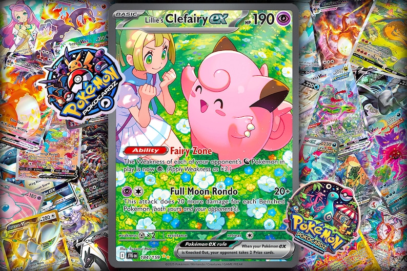 May include: A Pokemon trading card featuring Lillie's Clefairy EX. The card is green with a pink Clefairy and a girl with blonde hair. The card has the text "Lillie's Clefairy EX" and "Fairy Zone" on it.