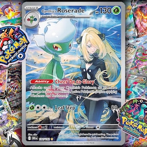 May include: A Pokémon trading card featuring Cynthia's Roserade with a HP of 130. The card has a green and white floral design with the text "Cheer On to Glory". Surrounding the card are other Pokémon cards and two "Pokocardz" stickers.