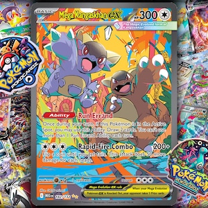 Puede incluir: Una carta coleccionable de Pokémon con Mega Kangaskhan EX, con 300 PS. La carta tiene un diseño colorido con los textos "Run Errand" y "Rapid-Fire Combo". La carta está rodeada de otras cartas Pokémon.