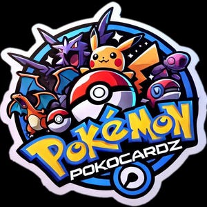 May include: A colorful sticker featuring various Pok&eacute;mon characters, including Pikachu, Charizard, and others, with a Pok&eacute; Ball in the center. The word "Pok&eacute;mon" is prominently displayed in yellow and blue, with "POKOCARDZ" below.