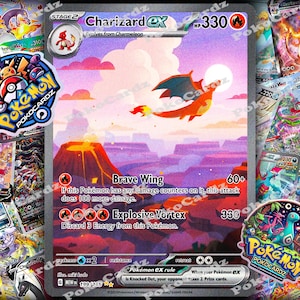 May include: A Charizard EX Pokémon card showing an orange dragon in flight against a sunset. The card has a HP of 330 and attack details. Other Pokémon cards and stickers surround the main card.