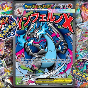 May include: A Mega Charizard X EX Pokemon trading card with a blue and black dragon illustration. The card features the text "Inferno X" and "360" with other cards and stickers in the background.