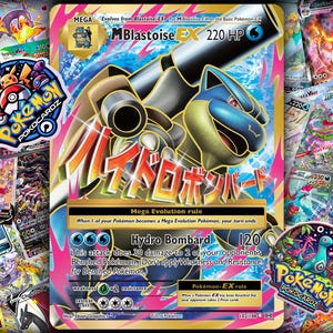 May include: A Pokémon trading card featuring Mega Blastoise EX with 220 HP, surrounded by other Pokémon cards. The card has a blue and gold color scheme with Japanese text and the Hydro Bombard attack.